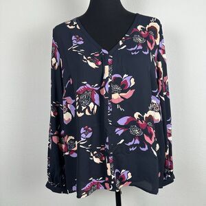 J Crew Top Womens Size 14 Porfiria Blue Floral Print Pullover Long Sleeve VNeck